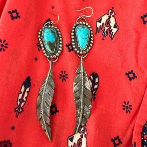Hand Crafted Turquoise and Silver Feather Earrings